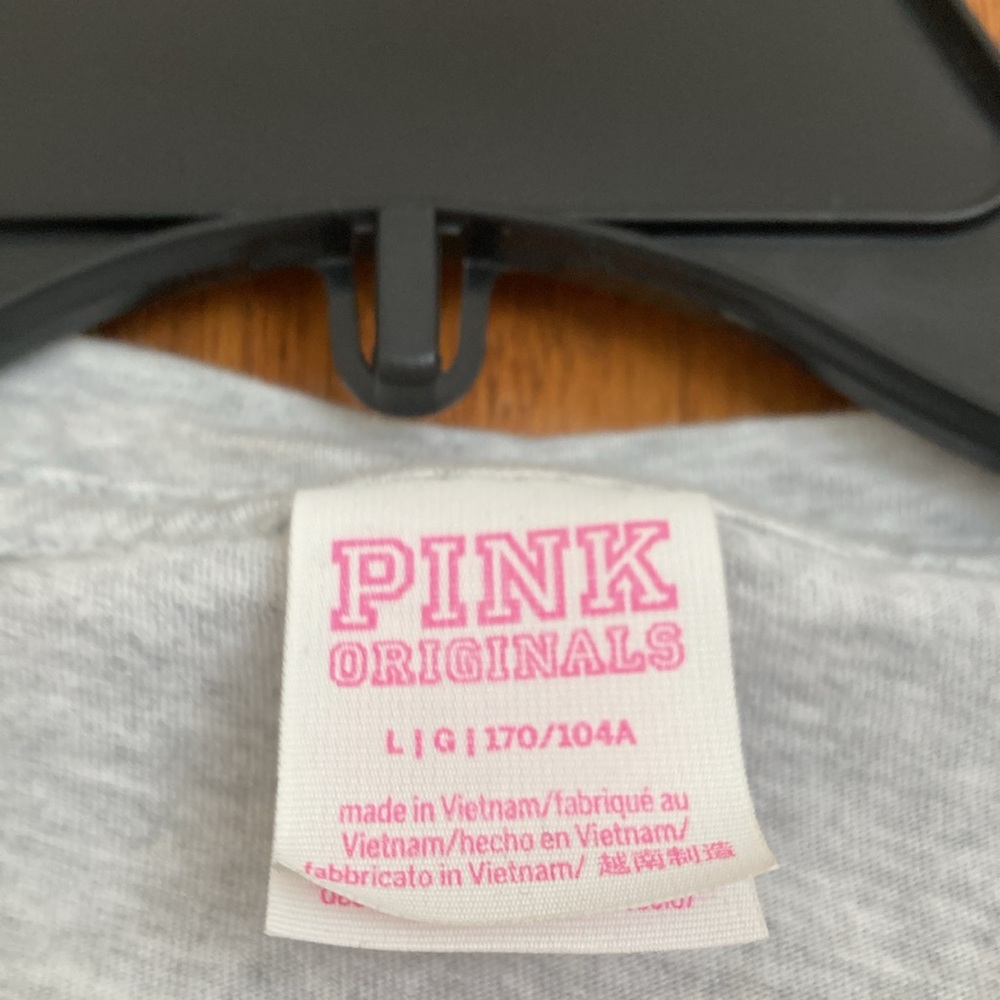 PINK Victoria's Secret Gray Long Sleeve Shirt with black sequined letters. - Picture 3 of 6